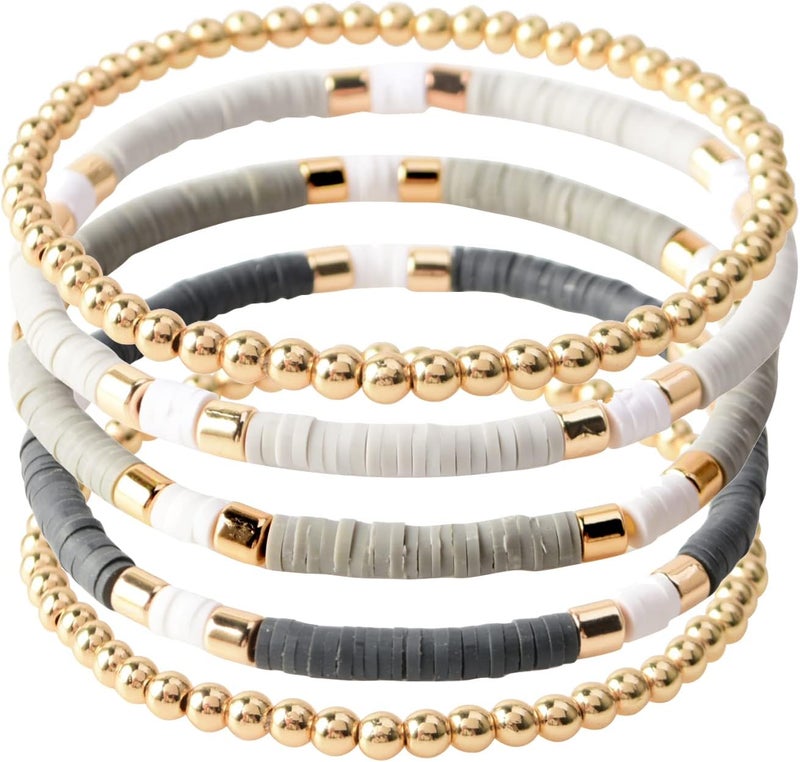 GOOJIDS Surfer Heishi Clay Bead Bracelets for Women Bohemian Stackable Gold Plated Beaded Stretch Bracelets Elastic Layering Friendship Bracelets Set Boho Jewelry - Image 1